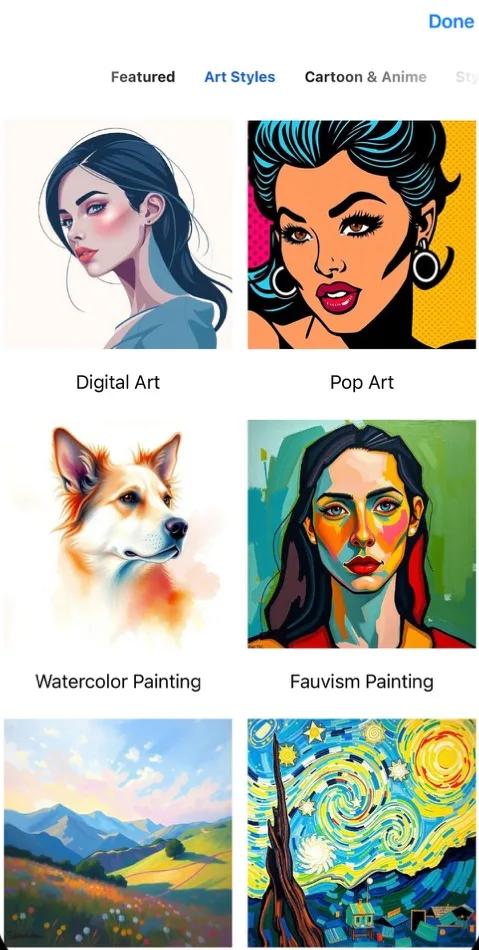 Art Styles tab with Digital Art, Pop Art, Watercolor Painting, Fauvism Painting, Impressionism and Van Gogh style samples
