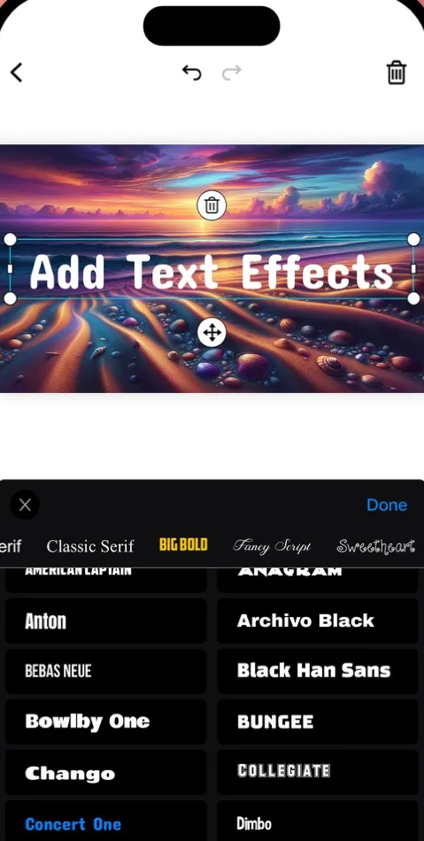 Editor overlaying the words Add Text Effects on a sunset beach artwork above a font picker listing Anton, Archivo Black, Bebas Neue and more