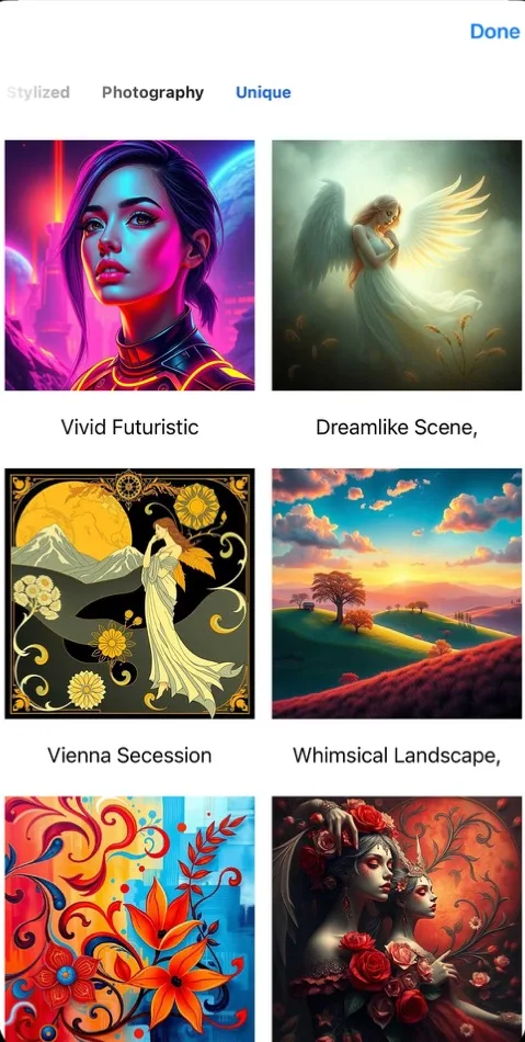 The AI Image Maker Pro style browser with Stylized, Photography and Unique tabs, showing Vivid Futuristic, Dreamlike Scene, Vienna Secession and Whimsical Landscape style cards